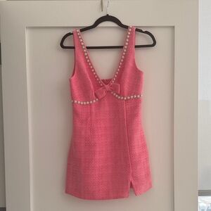 Self-Portrait Pink Tweed Mini Dress with Bow and Pearl